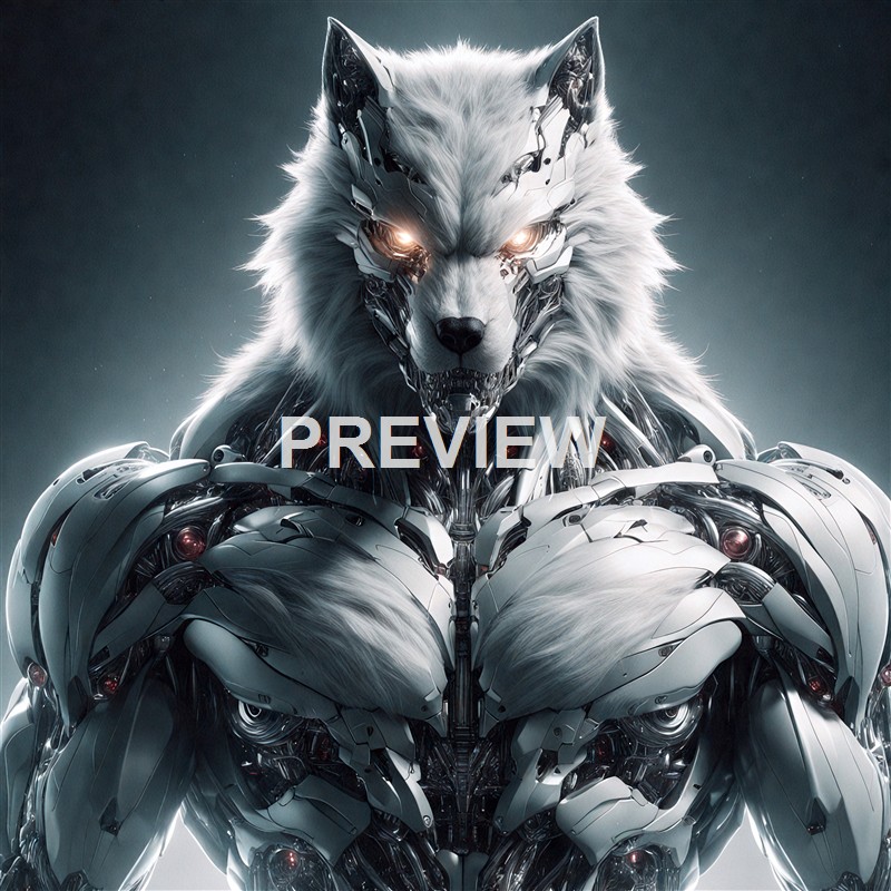 A futuristic, robotic wolf with glowing eyes and intricate metallic armor covering its body and face, blending organic and mechanical elements.